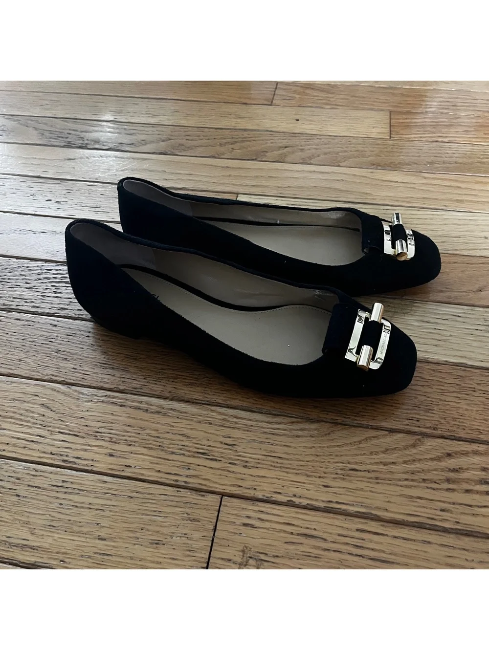 Michael Kors Black Suede Flats with Gold Buckle Accent